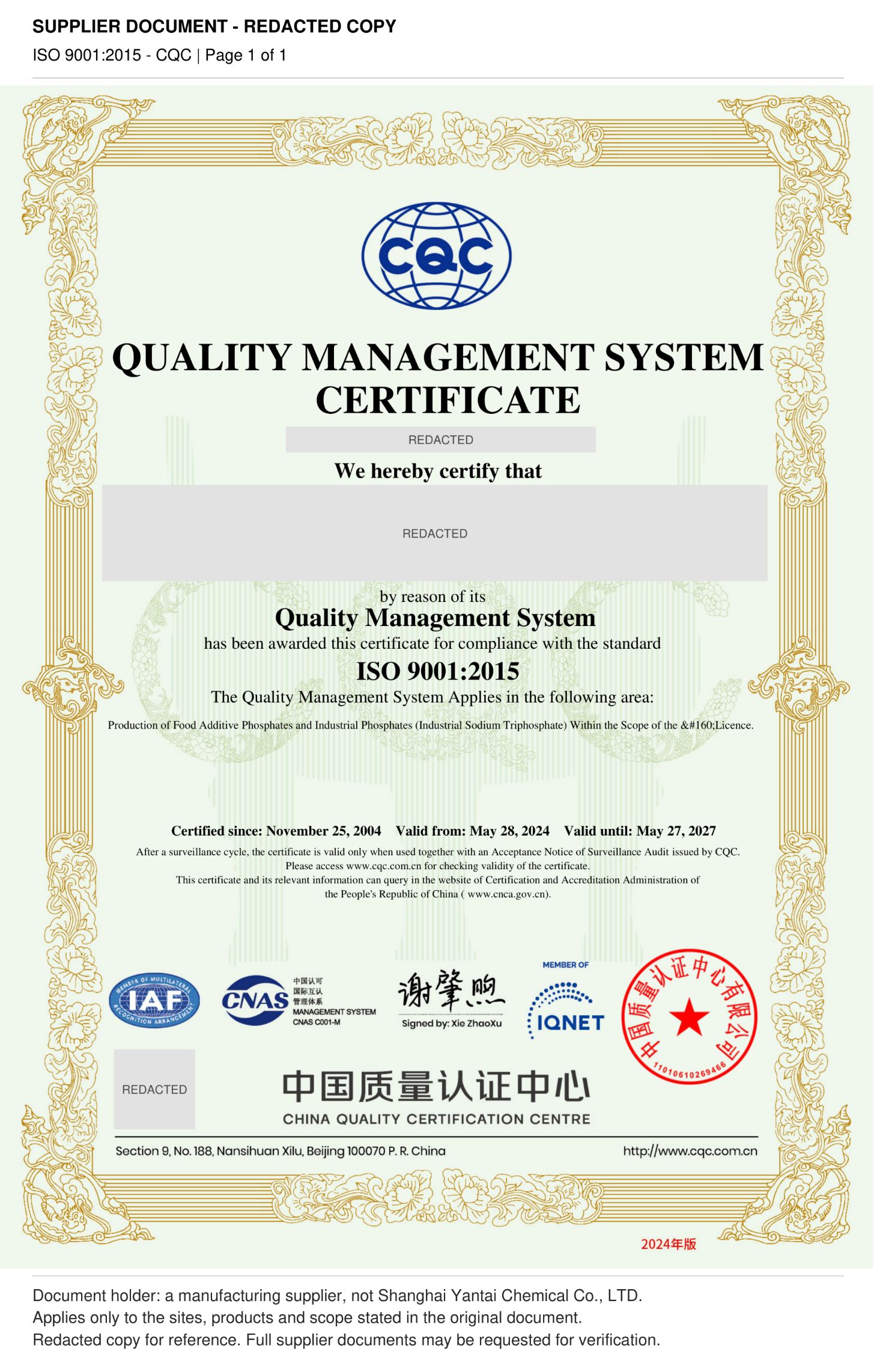 ISO 9001 certificate (redacted)