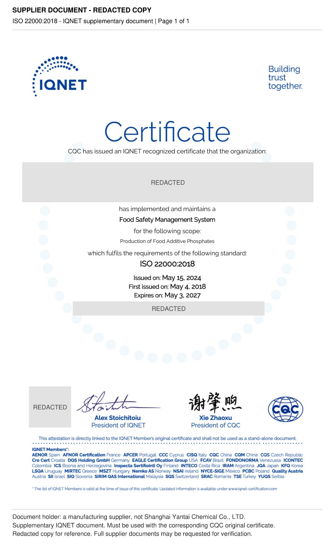 ISO 22000 IQNET supplement (redacted)