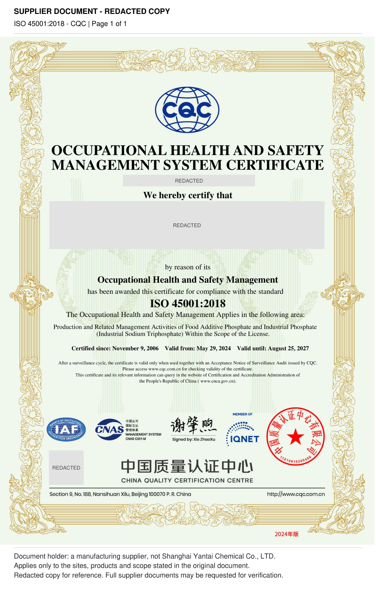 ISO 45001 certificate (redacted)